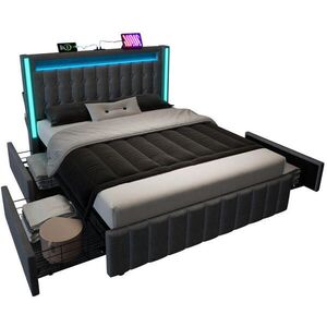 Modfu ČALOUNĚNÁ postel z lněné tkaniny 160x200 cm šedá s LED, USB-C a 4 zásuvkami obraz