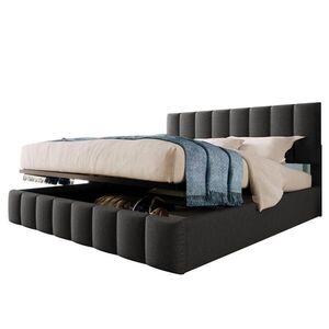 Modfu ČALOUNĚNÁ postel ze lnu 140x200 cm šedá s nastavitelným čelem, kovovým roštem a hydraulickým úložným prostorem obraz