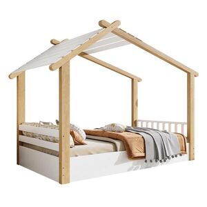 OKWISH DĚTSKÁ postel domeček 90/200 cm bílá a přírodní z masivního dřeva a MDF se stabilním roštem obraz