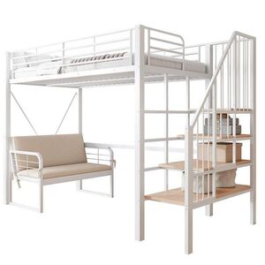 OKWISH PATROVÁ postel 90/200 cm bílá z kovu a MDF s odnímatelnou pohovkou a úložným schodištěm obraz