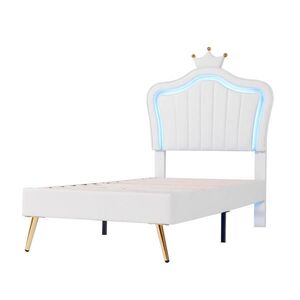 OKWISH DĚTSKÁ postel 90/200 a 140/200 cm bílá z MDF, umělé kůže a kovu s LED osvětlením a korunkovým čelem obraz