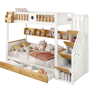 OKWISH PATROVÁ postel 90/200 cm bílá a přírodní z borovice a MDF se schody s úložným prostorem obraz