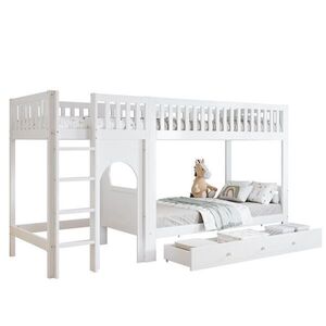 OKWISH PATROVÁ postel 90/200 cm bílá a přírodní z masivního dřeva a MDF s rovnými schody a zábranami obraz
