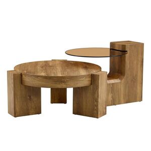 Modfu KONFERENČNÍ stolek z MDF a skla 61x61x30 cm v dekoru dřeva hnědý, 2v1 se dvěma úrovněmi a oddělitelným odkládacím stolkem obraz