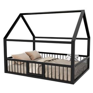 OKWISH POSTEL domeček 140/200 cm černá z kovu se zábradlím a dvířky obraz