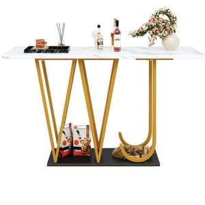 Modfu KONZOLOVÝ stolek z MDF a kovu 120x29, 5x80 cm bílý se zlatými nohami, s mramorovým dekorem a odkládacím prostorem obraz