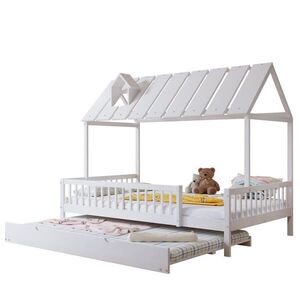 OKWISH DOMEČKOVÁ postel 120/200 cm bílá z borovice a MDF s výsuvným lůžkem a 3stranným zábradlím obraz