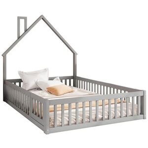 OKWISH DĚTSKÁ postel 140/200 cm šedá z borovice a MDF s bezpečnostním zábradlím a roztomilým komínem obraz