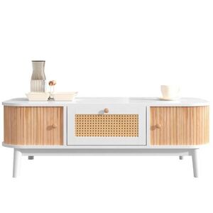 Modfu KONFERENČNÍ stolek z MDF 110x55x38, 5 cm bílá a barva dřeva se zásuvkami a dvířky v přírodním stylu obraz
