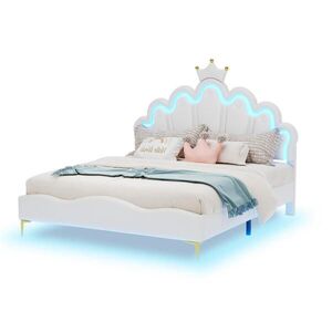 OKWISH MANŽELSKÁ postel 140/200 cm bílá z PU kůže s LED osvětlením a nastavitelnou výškou obraz