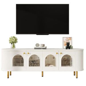 Redom TV stolek 170/35/55 cm se 4 skleněnými dvířky, vedením kabelů a MDF korpusem, Bílá/Zlatá obraz