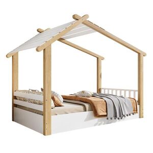 Redom DĚTSKÁ postýlka 90/200 cm s designem domečku a stabilním lamelovým roštem, jednoduchý styl, Bílá/Natur obraz