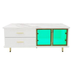 Redom KONFERENČNÍ stolek 100/50/40 cm s LED osvětlením, úložným prostorem a mramorovým dekorem, Bílá obraz