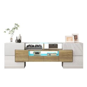 Redom TV stolek 145/30/51 cm s LED osvětlením, lesklou skleněnou plochou a prostorným úložným řešením, Bílá a zlatá obraz