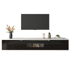 Redom TV stolek 180/35/30 cm s LED osvětlením, vysoký lesk a drážkovanými dvířky, Bílá obraz