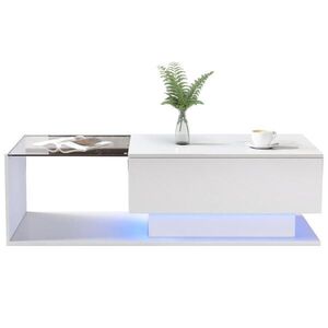 Redom KONFERENČNÍ stolek 100/50/32 cm s LED osvětlením, skleněnou deskou a zásuvkou, moderní provedení, Bílá obraz