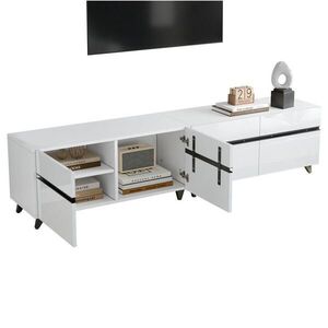Redom TV stolek 180/40/49 cm s vysokým leskem, 4 skříňkami, nastavitelnými přepážkami a 8 nohami, Bílá obraz