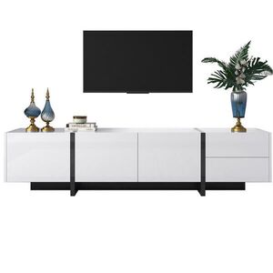 Redom TV stolek 190/45/35 cm s vysokým leskem, 3 dvířky, 2 zásuvkami a policemi, Bílá a černá obraz