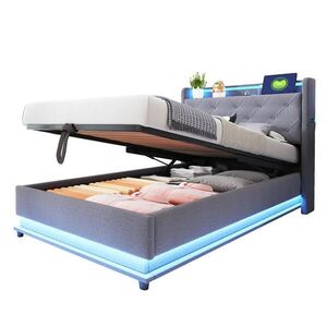 Redom DĚTSKÁ postýlka 90/200 cm s LED osvětlením, USB porty, výklopným čelem a hydraulickým úložným prostorem, Šedá obraz