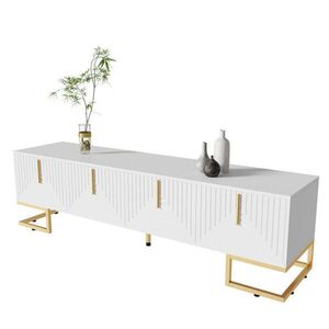 Redom TV stolek 170/40/45, 5 cm se 4 dvířky, úložným prostorem, zlatými nohami a úchyty, Bílá obraz