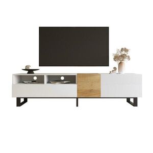 Redom TV stolek 180/38/50 cm s úložným prostorem, otevřenými přihrádkami, zásuvkami a tichým dovíráním, Bílá/dřevo obraz