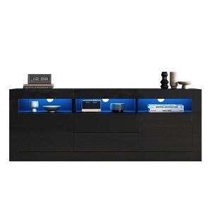 Redom TV stolek 160/35/60 cm s LED osvětlením, vysokým leskem, 3 otevřenými přihrádkami, 2 dvířky a 2 zásuvkami, Černá obraz