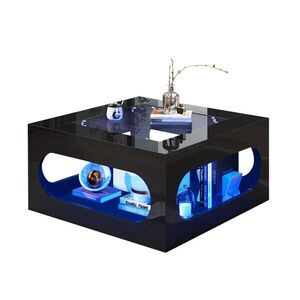 Redom KONFERENČNÍ stolek 70/70/35 cm s LED osvětlením, tvrzeným sklem a úložným prostorem, Černá obraz