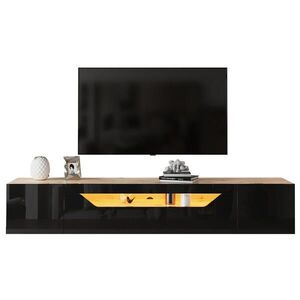 Redom ZÁVĚSNÝ TV stolek 180/37/36 cm s LED osvětlením, vysokým leskem a víceúrovňovým úložištěm, Černá + přírodní dřevo obraz