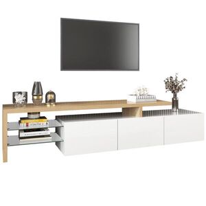 Redom TV stolek 197, 5/39/42 cm s LED osvětlením, skleněnými policemi a úložným prostorem, Přírodní, bílá obraz