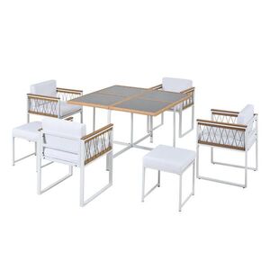 Modfu ZAHRADNÍ jídelní set z kovu, ratanu a látky 117x117x73 cm bílá a přírodní s odolným skleněným stolem a polštáři obraz