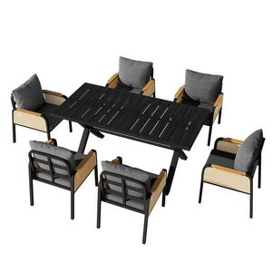Modfu ZAHRADNÍ jídelní set z železa a PE ratanu 148x80x75 cm černý a přírodní pro 6 osob s polstrovanými sedáky obraz