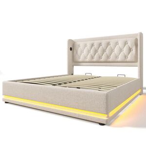 Modfu ČALOUNĚNÁ postel z bavlny 160x200 cm béžová s LED osvětlením, USB a USB-C, hydraulickým úložným prostorem obraz