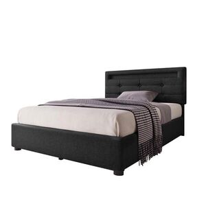 Modfu ČALOUNĚNÁ postel z lněné tkaniny 90x200 cm černá s LED osvětlením, 2 zásuvkami a nastavitelným čelem obraz