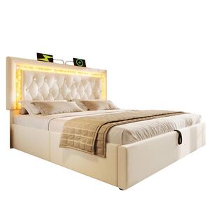 Modfu ČALOUNĚNÁ postel ze sametu 160x200 cm béžová s LED, USB, USB-C a hydraulickým úložným prostorem obraz