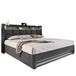 Modfu ČALOUNĚNÁ postel z lněné tkaniny 140x200 cm šedá s LED osvětlením, USB a úložným prostorem obraz