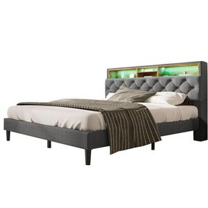 Modfu ČALOUNĚNÁ postel z masivního dřeva 140x200 cm šedá s LED osvětlením a úložným čelem obraz