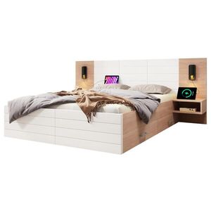 Modfu MANŽELSKÁ postel z masivního dřeva a MDF 140x200 cm bílá/světlý dub s USB, lampičkou a 2 zásuvkami obraz