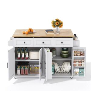 Redom KUCHYŇSKÝ ostrůvek 140/43(70)/90, 5 cm s klopnou pracovní deskou, úložným prostorem a kolečky, Bílá/Přírodní obraz