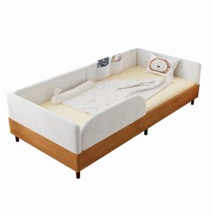 Modfu DĚTSKÁ čalouněná postel ze sametu 90x200 cm bílá/přírodní se 2 kapsami a ochranným okrajem obraz