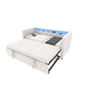 Modfu ROZKLÁDACÍ postel ze sametu 90x190 cm béžová s LED osvětlením, USB-C portem a úložným prostorem obraz