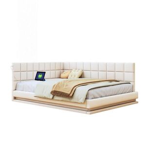 Modfu ČALOUNĚNÁ postel z lnu 140x200 cm béžová s LED osvětlením, USB portem a lamelovým roštem obraz