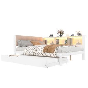 Modfu POSTEL z borovice 140x200 cm bílá s výsuvným lůžkem, LED osvětlením, USB portem a bočním regálem obraz