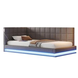 Modfu ČALOUNĚNÁ postel z lnu 90x200 cm šedá s LED osvětlením, USB portem a lamelovým roštem obraz