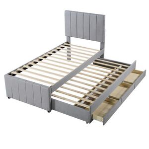 Modfu ČALOUNĚNÁ postel z MDF, lnu a kovu 90x200 cm šedá s výsuvným lůžkem, 3 zásuvkami a nastavitelným čelem obraz