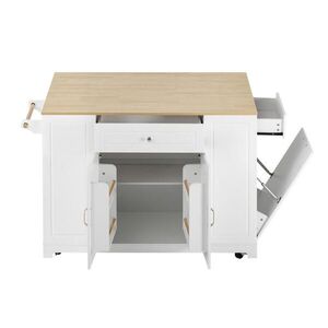 Redom KUCHYŇSKÝ ostrůvek 131, 8/40-70/93, 3 cm s rozkládací pracovní deskou, úložným prostorem, zásuvkami a kolečky, Bílá a přírodní obraz