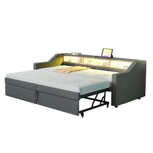 Modfu ČALOUNĚNÁ postel z textilie 90x190 cm tmavě šedá s výsuvným lůžkem, LED, USB a úložnými policemi obraz