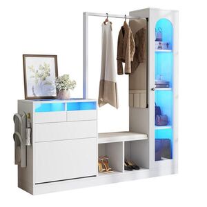 Redom PŘEDSÍŇOVÁ sestava 163/50/161 cm s LED osvětlením, výklopným botníkem a otočným zrcadlem z dřevotřísky, Bílá obraz