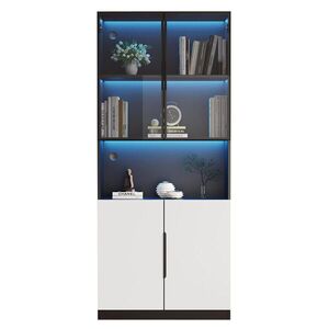 Redom VITRÍNA 160/30/200 cm s LED osvětlením, skleněnými dvířky a úložným prostorem z dřevotřísky, Bílá/Černá obraz
