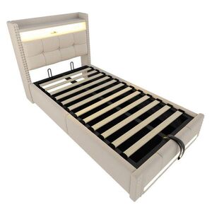 Modfu DĚTSKÁ čalouněná postel z lněné tkaniny 90x200 cm béžová s LED osvětlením, USB portem a hydraulickým úložným prostorem obraz