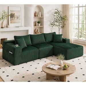 OKWISH MODULÁRNÍ pohovka 257/90-160/62 cm zelená z manšestru s kapsami, držáky na nápoje a 5 polštáři obraz